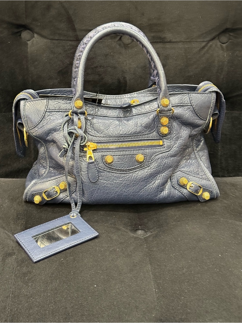 Balenciaga Navy Blue Leather Satchel with Gold Hardware - Picture 1 of 8